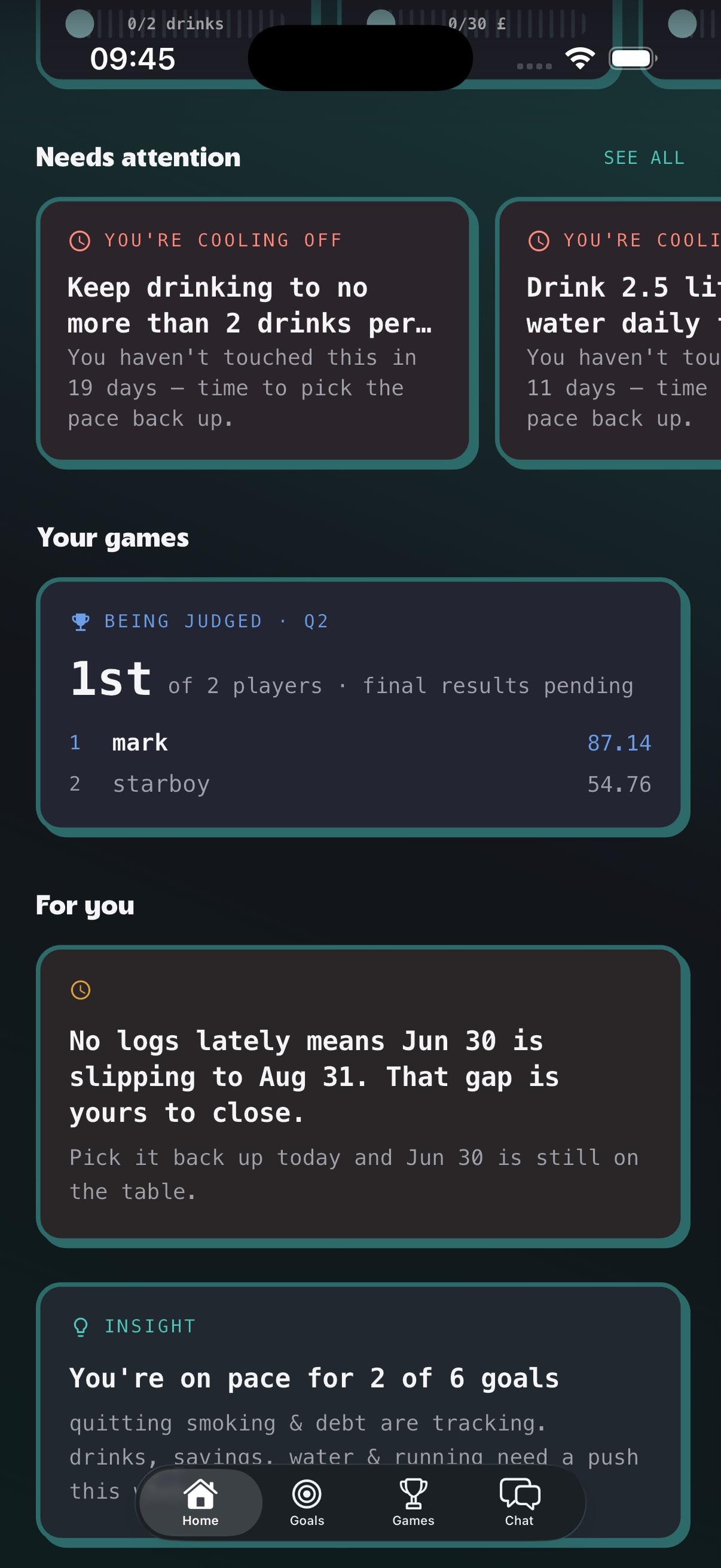 Goalympics home feed recomposed each visit with today's habits and highlights