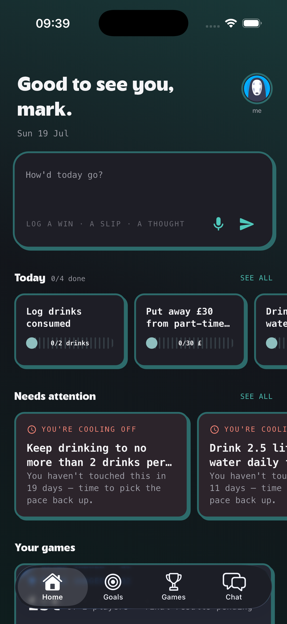Goalympics home feed recomposed each visit with today's habits
