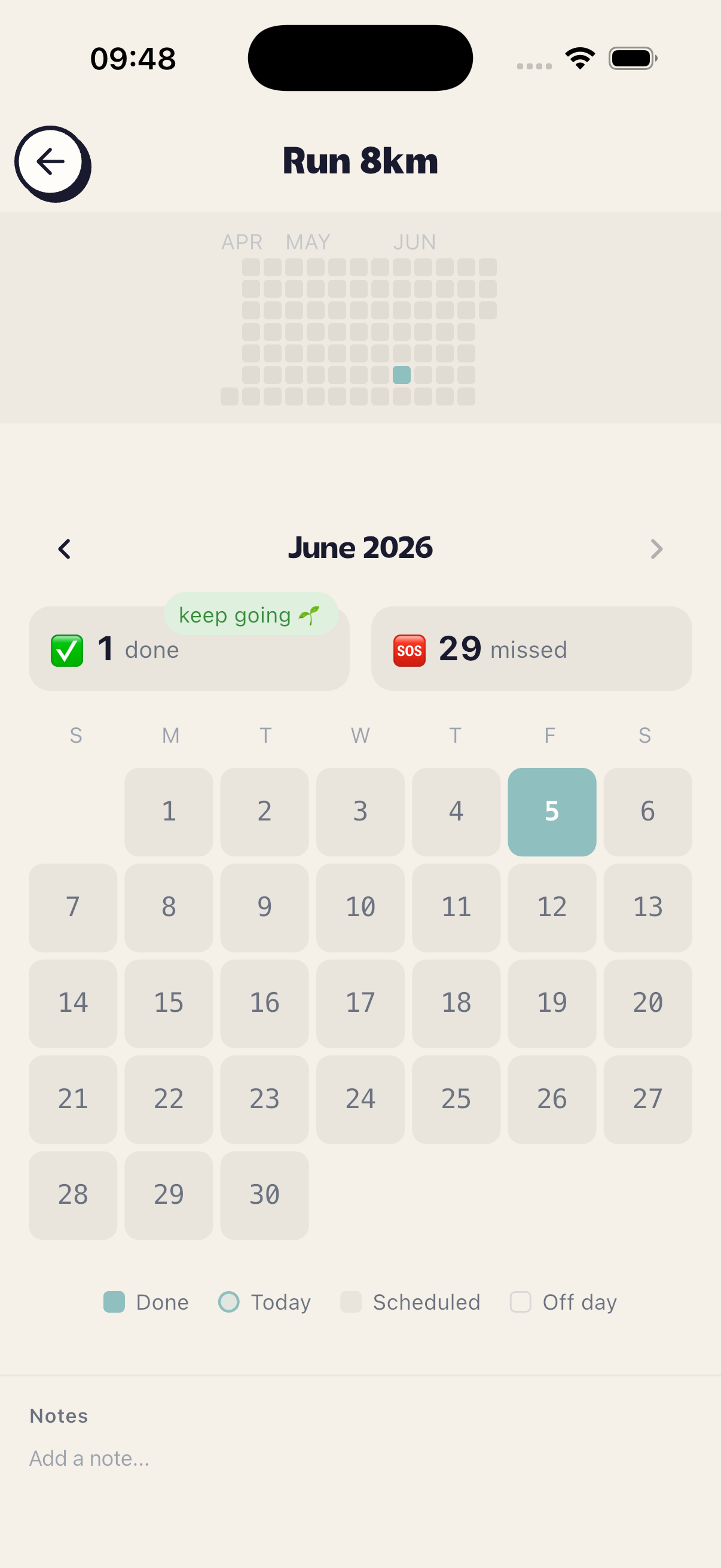 Goalympics goal reflection with 90-day check-in heatmap